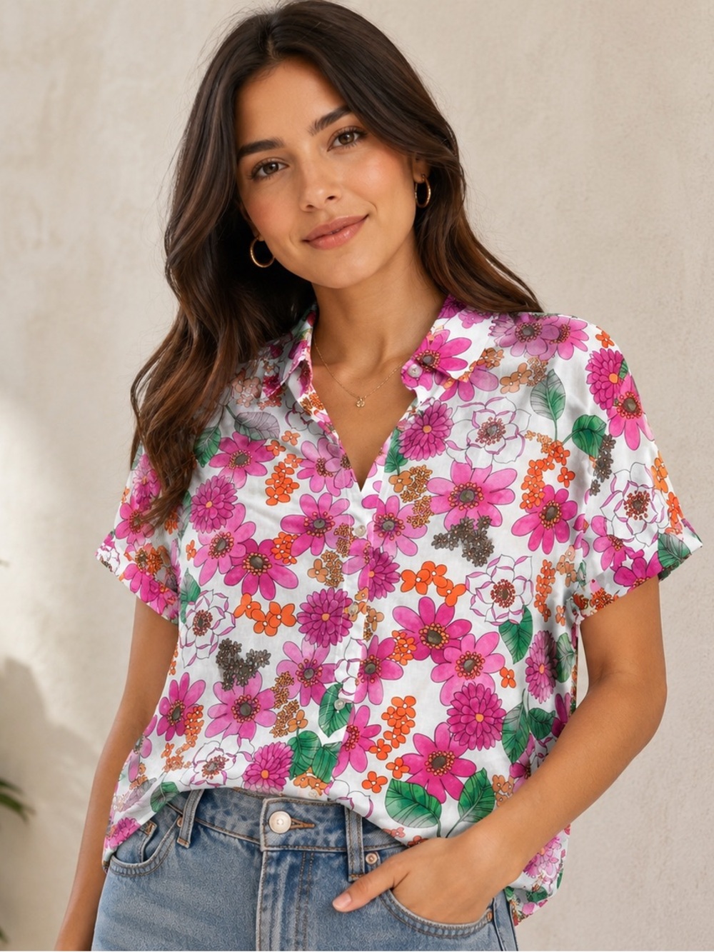 Passport Pink Floral Short-Sleeve Blouse size:XL